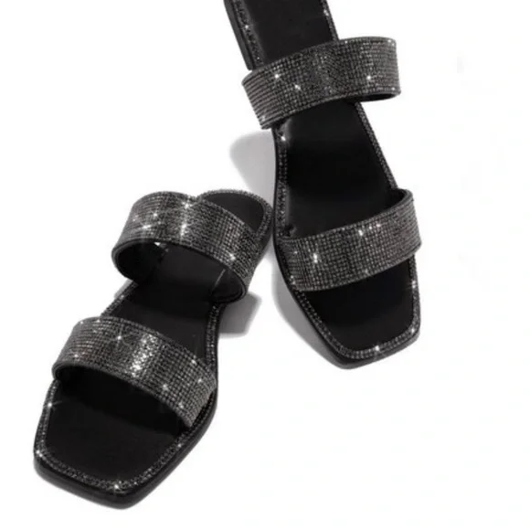 !! NEW !! Embellished Double Strap Square Toe Sandals in Black - Picture 2 of 10